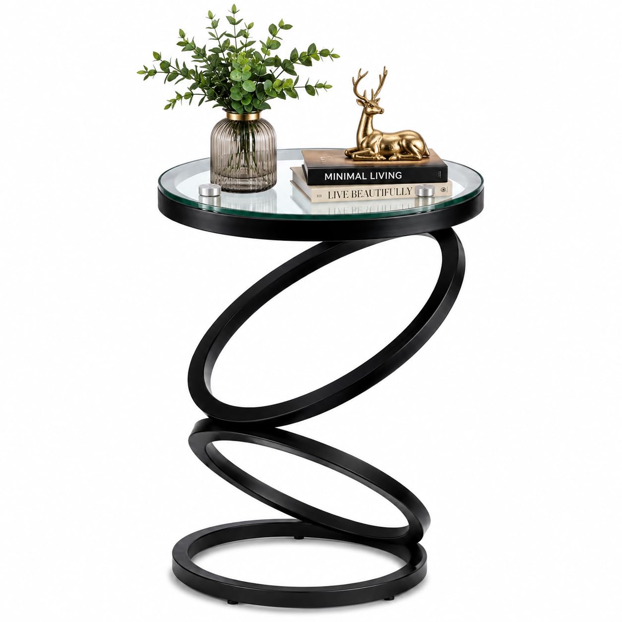 Modern Black Side Table with Tempered Glass Top, Round End Table for Living Room & Bedroom-image-0