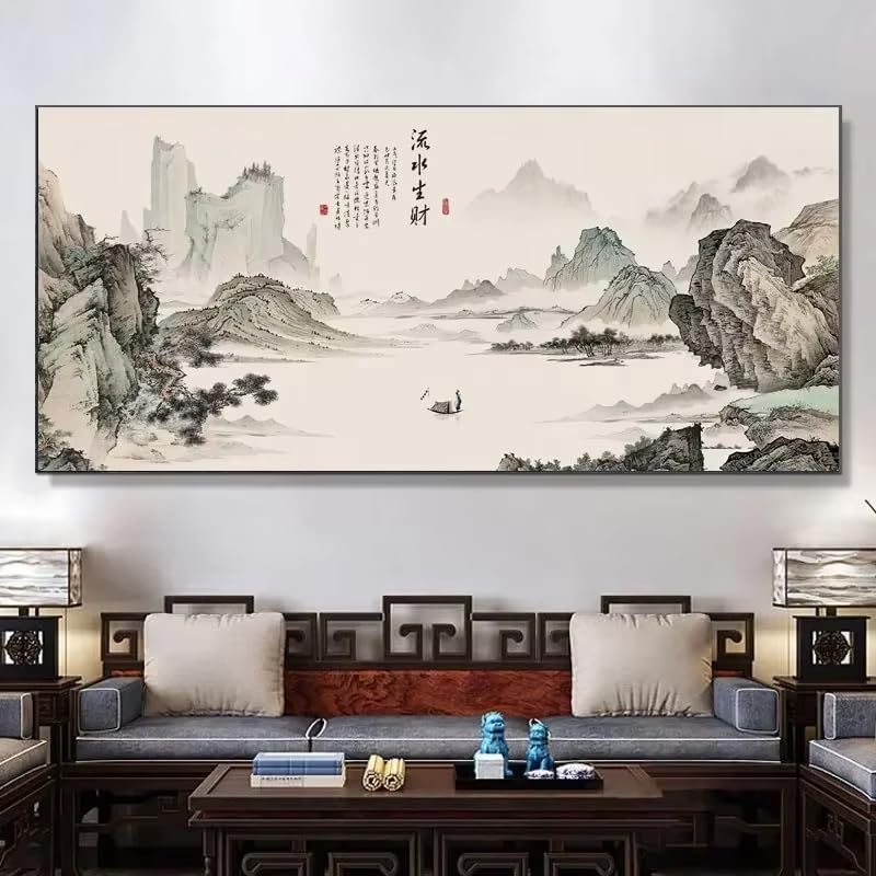 Tableau mural bol à trésors style chinois et paysage de salon en toile 20x40cm