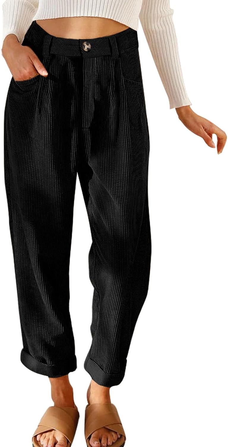 EVALESS Corduroy Pants for Women Casual High Waisted Straight Leg Pants Loose Comfy Trousers with Pockets