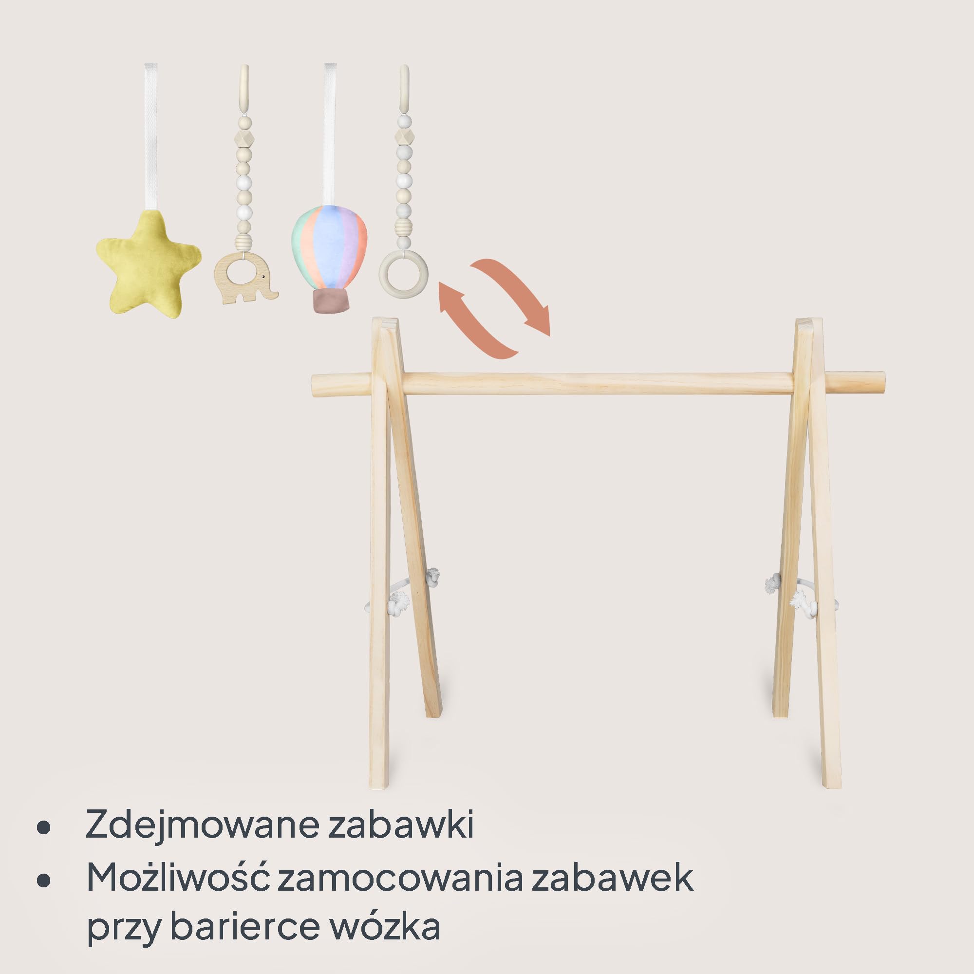 Lionelo Anis Pałąk Edukacyjny Drewniany Baby Gym Montessori, Składany dla Niemowląt, Odpinane Zawieszki, Wspiera Motorykę i Sensorykę, Gładko Szlifowany bez Ostrych Krawędzi, 65 x 45 x 45 cm, 1,2 kg
