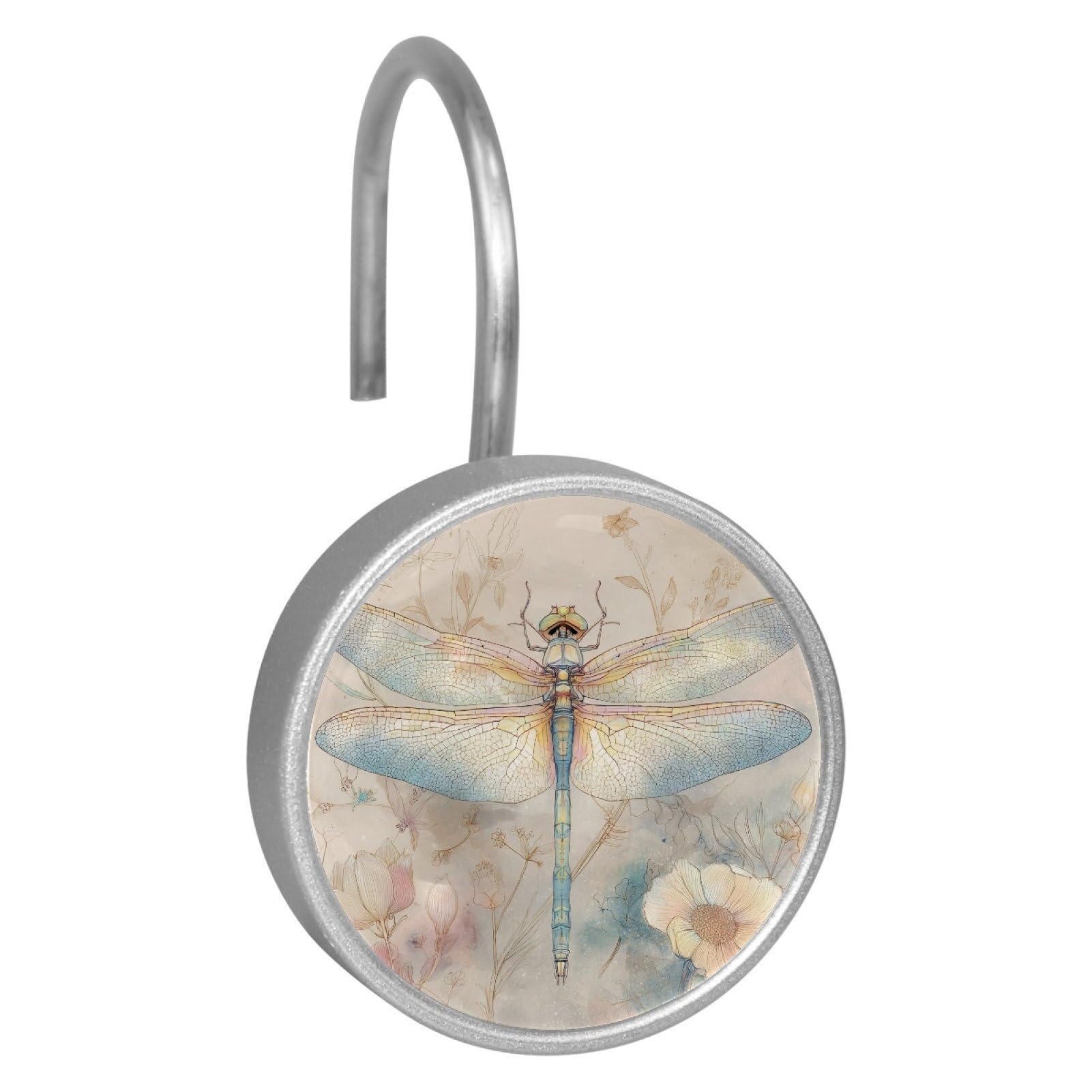 Set of 12 Stainless Steel Shower Curtain Hooks, Shower Rings for Bathroom, Rustproof Decorative Shower Hangers for Bedroom Living Room Shower Curtain Rod (Watercolor Dragonfly)