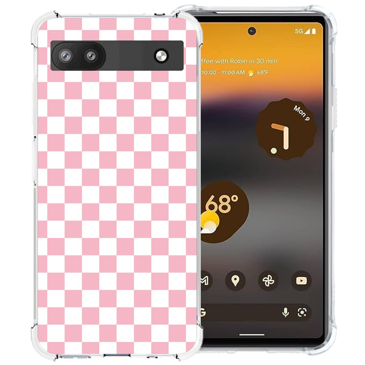 zaztify Phone Case for Google Pixel 6A, Pink White Grid Plaid Checkered Checkerboard Regular Lattices Cute Shockproof Protective Anti-Slip Soft Clear