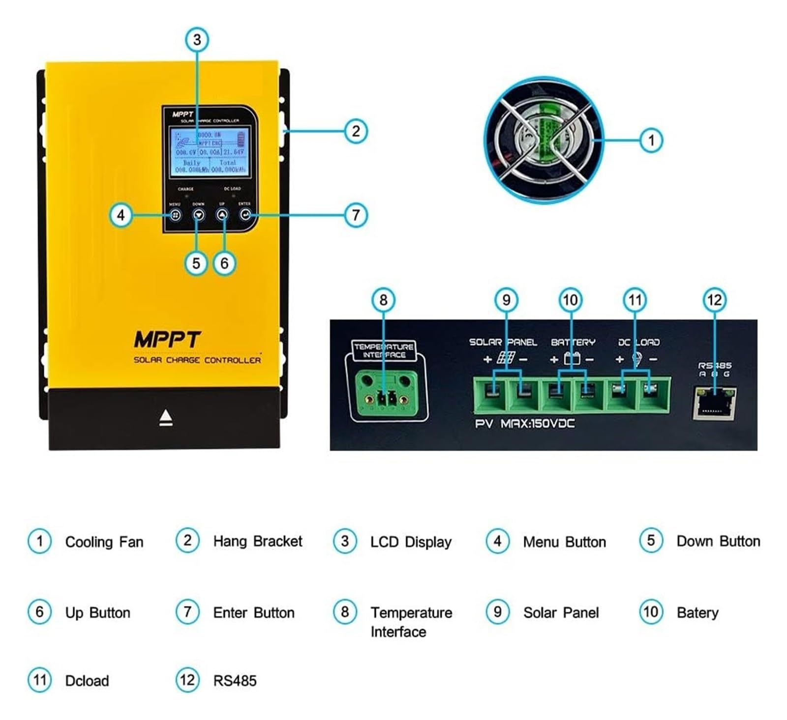 Kontroler ładowania słonecznego 60A MPPT Solar Charge Controller 12V24V48V Auto Battery Regulator Panel Max 150V Input For Lithium Sealed Gel And Flooded(Blauw)