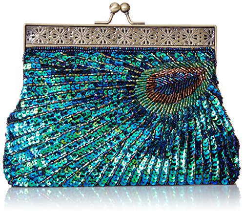 MG Collection Nisha Beaded Sequin Peacock Clutch, Blue, One Size