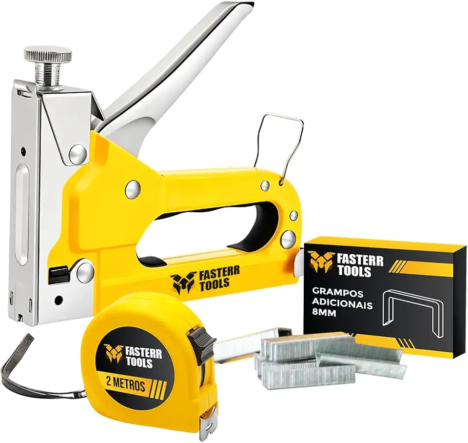 Grampeador de Tapeceiro Manual 3 em 1 Fasterr FST034 - Profissional para Estofados, Madeira, Artesanato - Ajuste de Pressão, Anti-Trava + Maleta, Trena e 500 Grampos