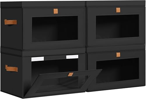 Miniatura 20 de DIMJ Contenedores de almacenamiento con tapas, paquete de 4 organizadores grandes de tela con ventana y asas, cajas de almacenamiento decorativas