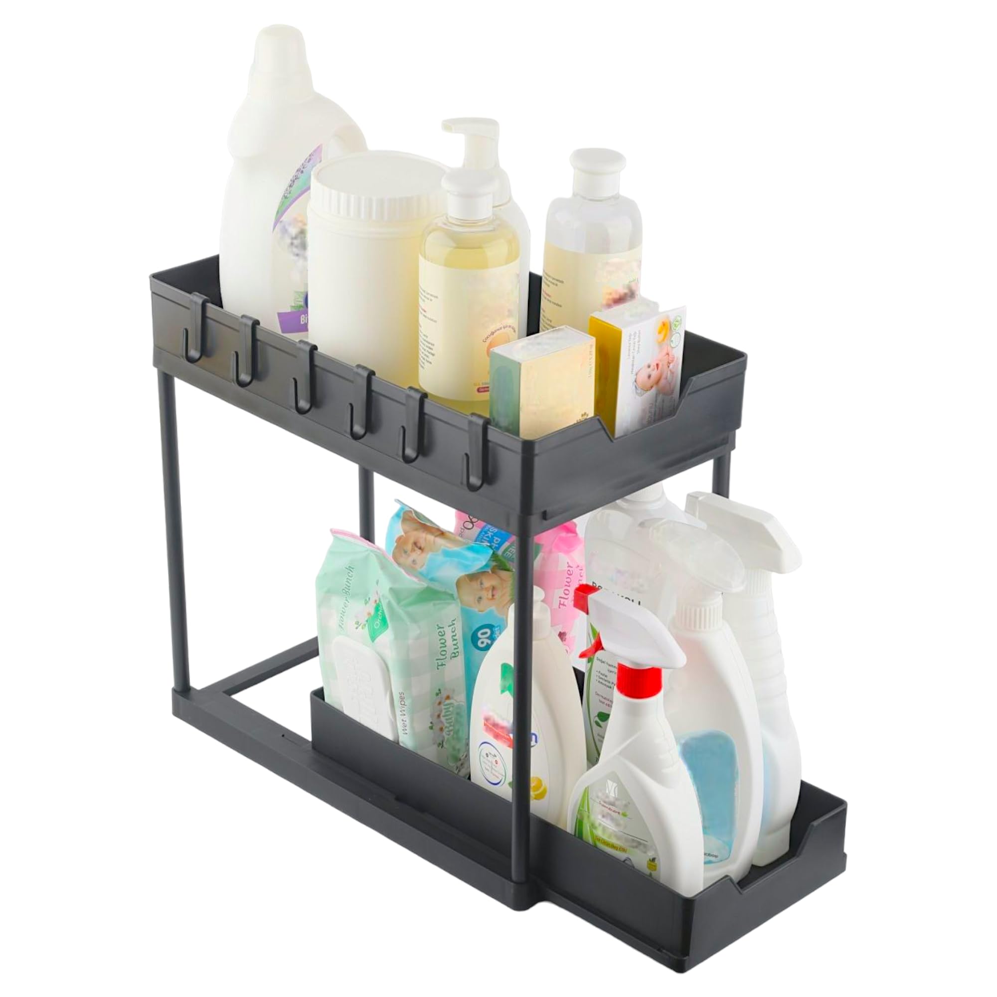 Payiz Black 2 Tier Under Sink Organiser With Sliding Drawers, Multi Purpose Storage Rack, Durable Plastic