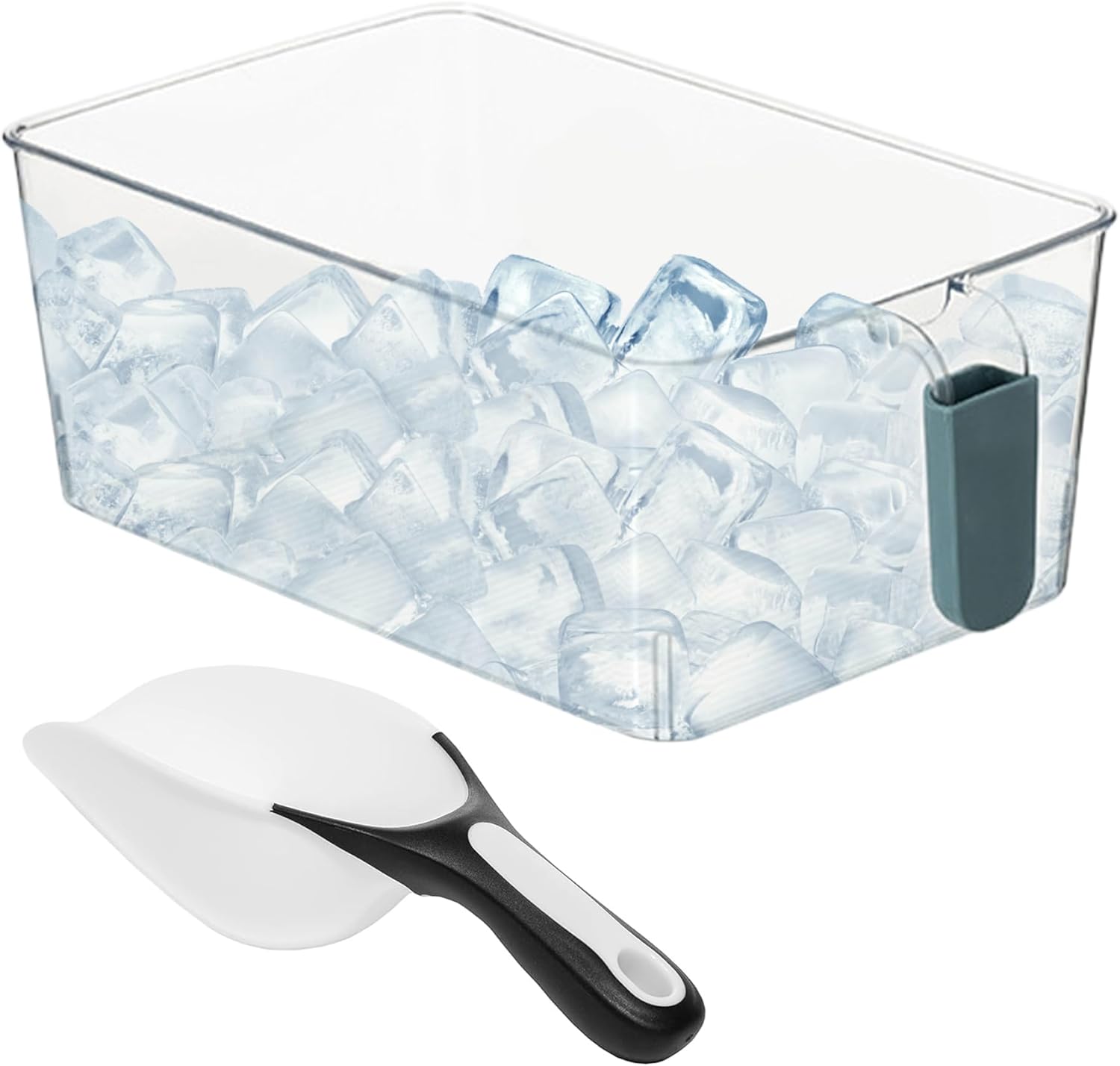 Ice Bin for Freezer with Scoop, Plastic Freezer Ice Bin with Pull out Handle, Clear Storage Bucket for Home, Bars, Restaurants