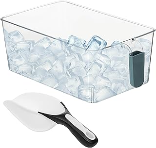 Ice Bin for Freezer with Scoop, Plastic Freezer Ice Bin with Pull out Handle, Clear Storage Bucket for Home, Bars, Restaur...