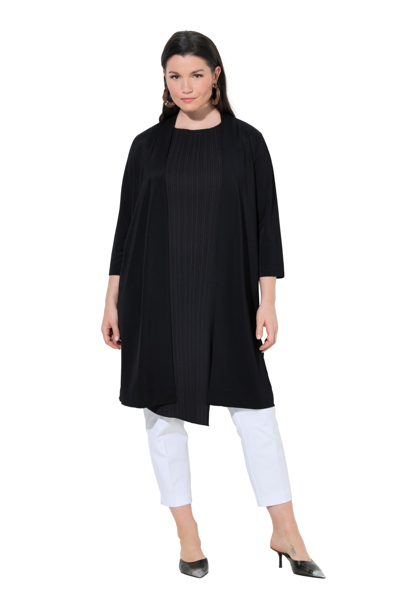 Ulla Popken Damen große Größen Übergrößen Plus Size Slinky-Longjacke, Schalkragen, 3/4-Arm, ohne Verschluss 847183