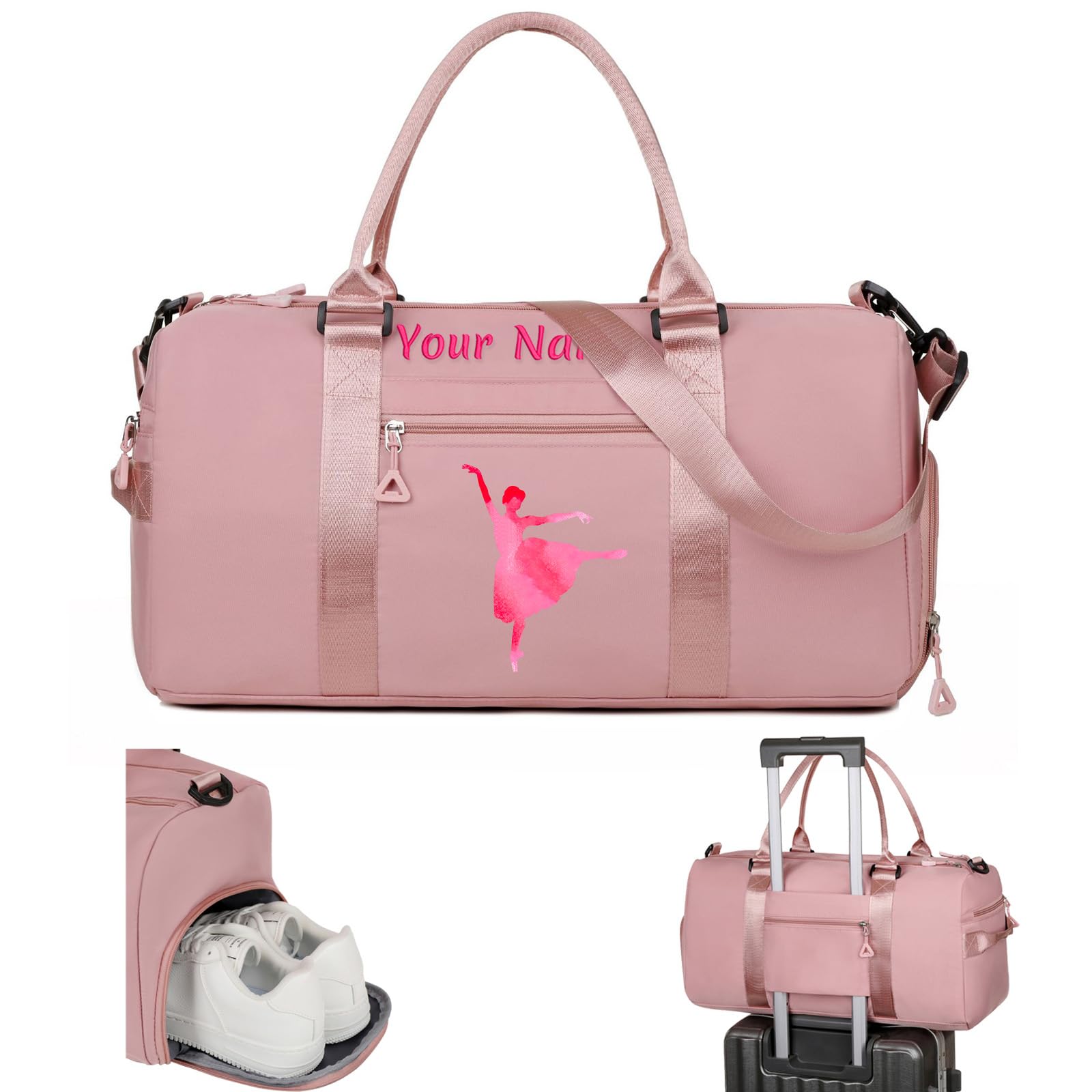 Sac de Sport Brodé Personnalisé avec Bretelles, Poches Humides et Sèches et Compartiment à Chaussures - Rose