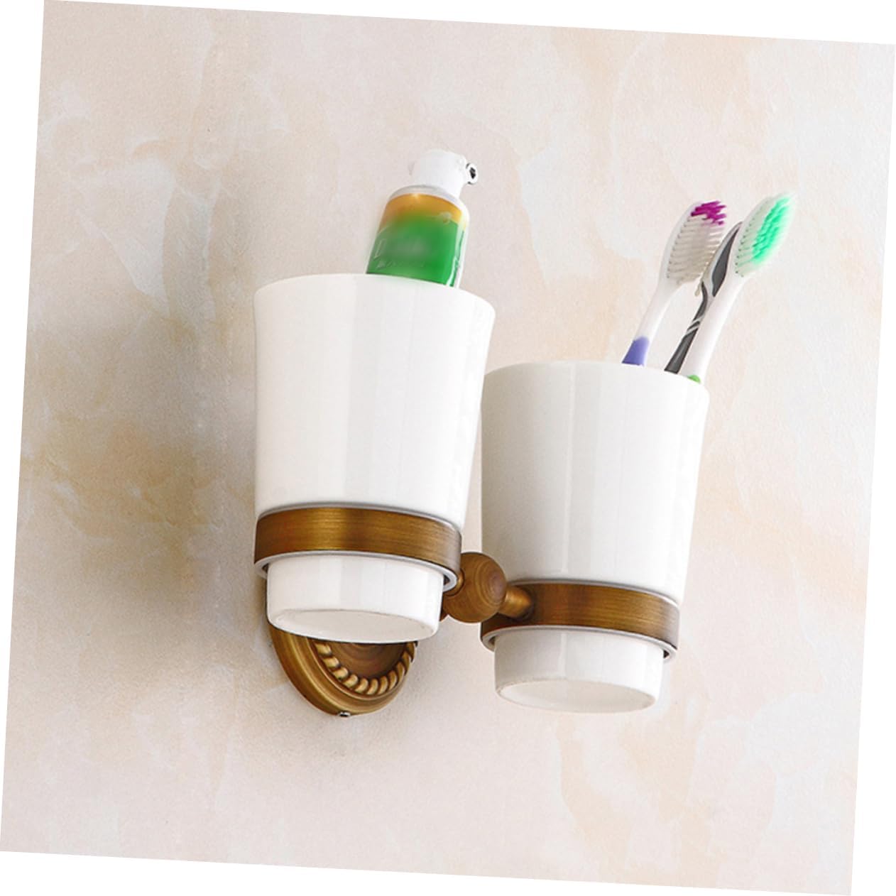 VOSAREA Vintage Copper Double Toothbrush Holder Wall Mounted Elegant Bathroom Cup Organizer with Two Ceramic Cups Antique Design for Use