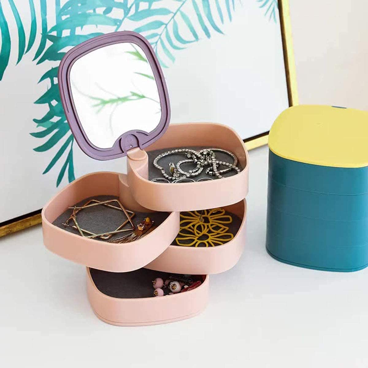 GnanexGnanex Plastic Rotating Jewelry Organizer Box with Mirror Lid 4 Layer Creative Jewelry Storage Box For Earrings Ring Bracelet Lipstick (ABS, Multicolor, 12.2 x 11.2 x 11.2 cm)