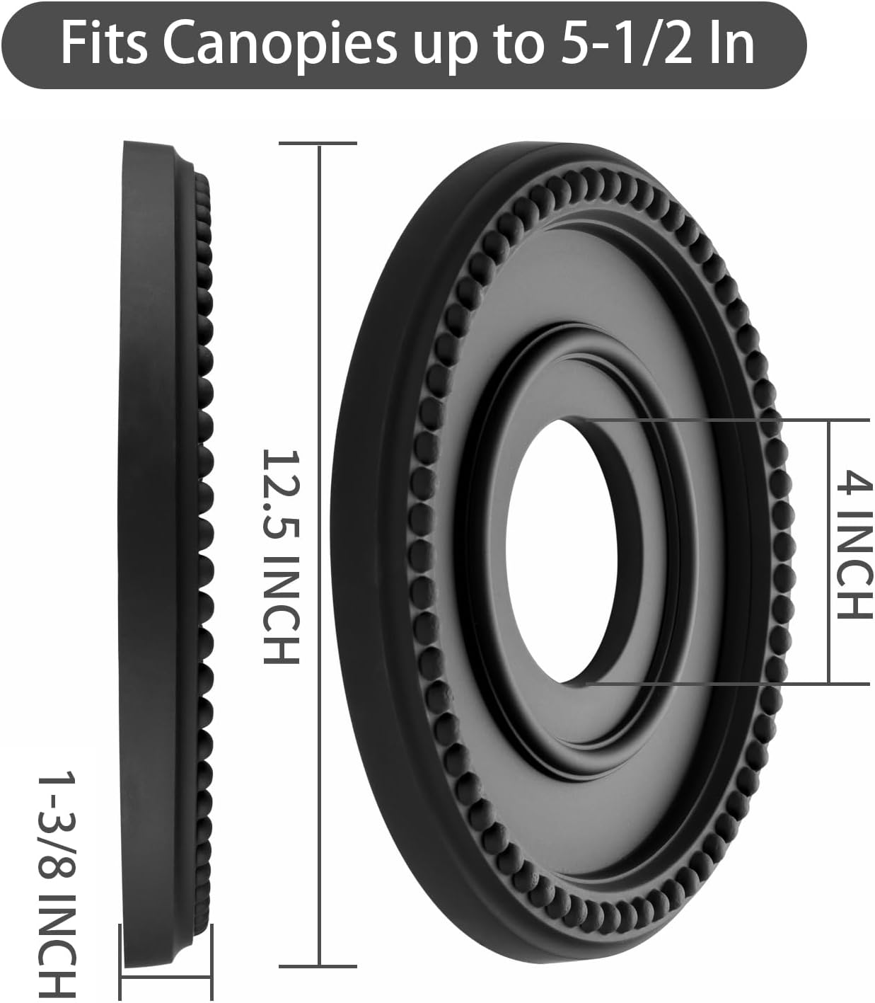 EIFHYT 2 Pack Moldeds PU Ceiling Medallions for Light Fixtures and Ceiling Fans, 12-1/2"OD x 4" ID x 1-3/8 "P Matte Black (Fits Canopies up to 5-1/2")