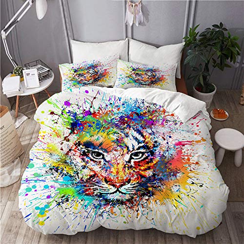 Kgblfd avec Fermeture Éclair-Sets de Housse Couette en Microfibre,Illustration colorée Abstraite du Tigre,1 Housse de Couette 140x200 + 2 Taies d'Oreillers Cover
