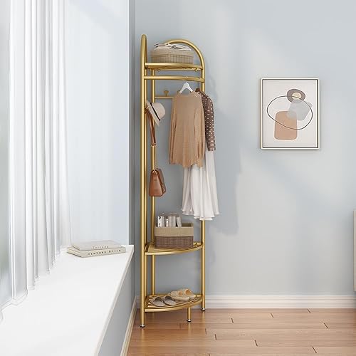 Miniatura 3 de Percheros de esquina de metal, percheros de ropa dorados, perchero independiente con ganchos y estante de almacenamiento para pasillo, entrada,
