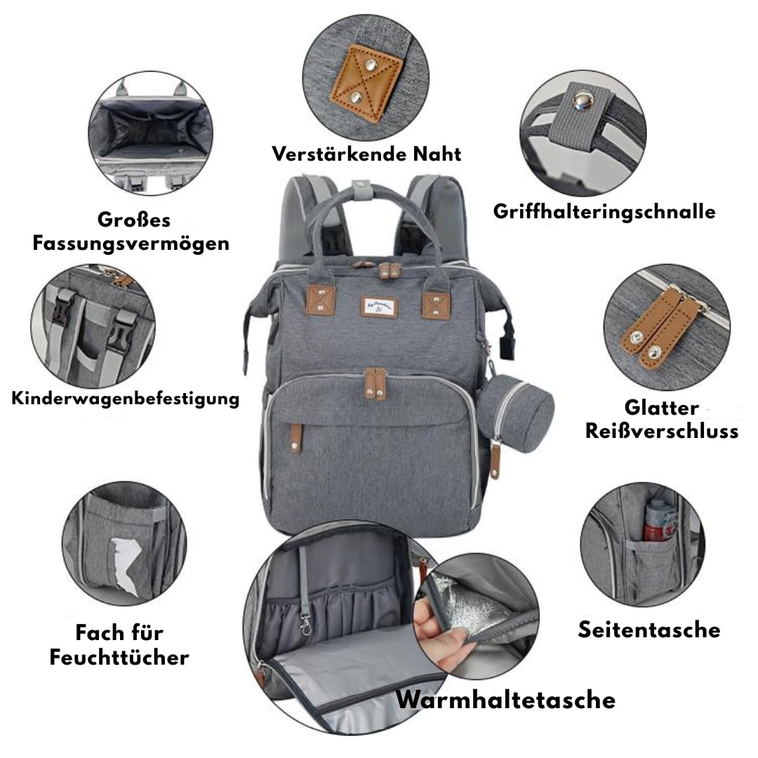 Generisch Wickeltasche Rucksack mit Wickelunterlage, wasserabweisend, mit isolierten Flaschenhaltern, Kinderwagen-Befestigung, große Kapazität, inkl. klappbarer Liegefläche, perfekt für den Alltag