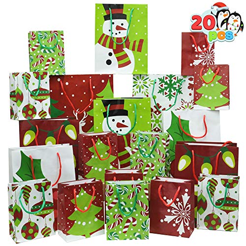 20 Christmas Goody Gift Bags with Handles Assorted Sizes, Holiday Paper Goodie Bag for Xmas Gift-Giving, Classroom and Party Favors