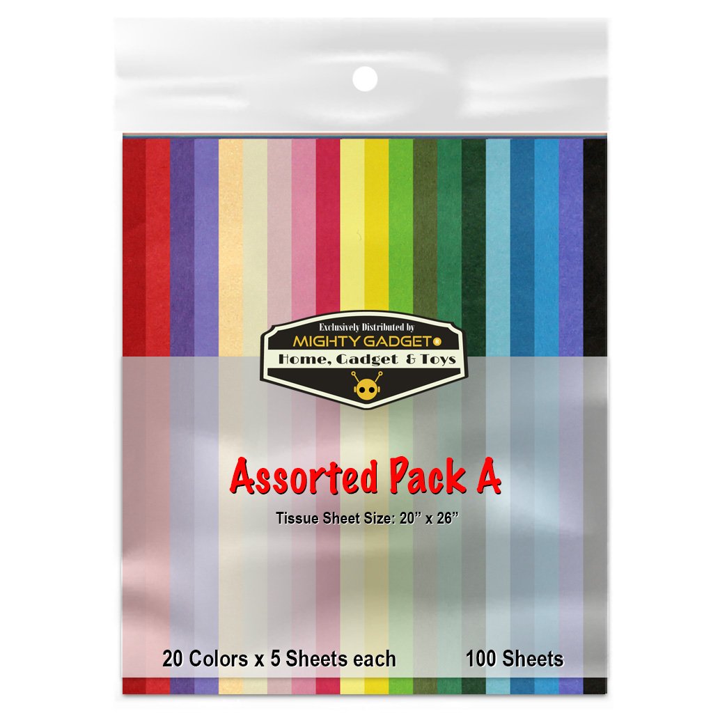 Mighty Gadget (R) 100 Piece Colored Art Tissue Paper Sheets for Gift Wrap, Paper Crafts Gift Bag Filler or Gift Box Filler - Sheet Size: 20 x 26 inch, 20 Assorted Colored Paper (Random Colors)