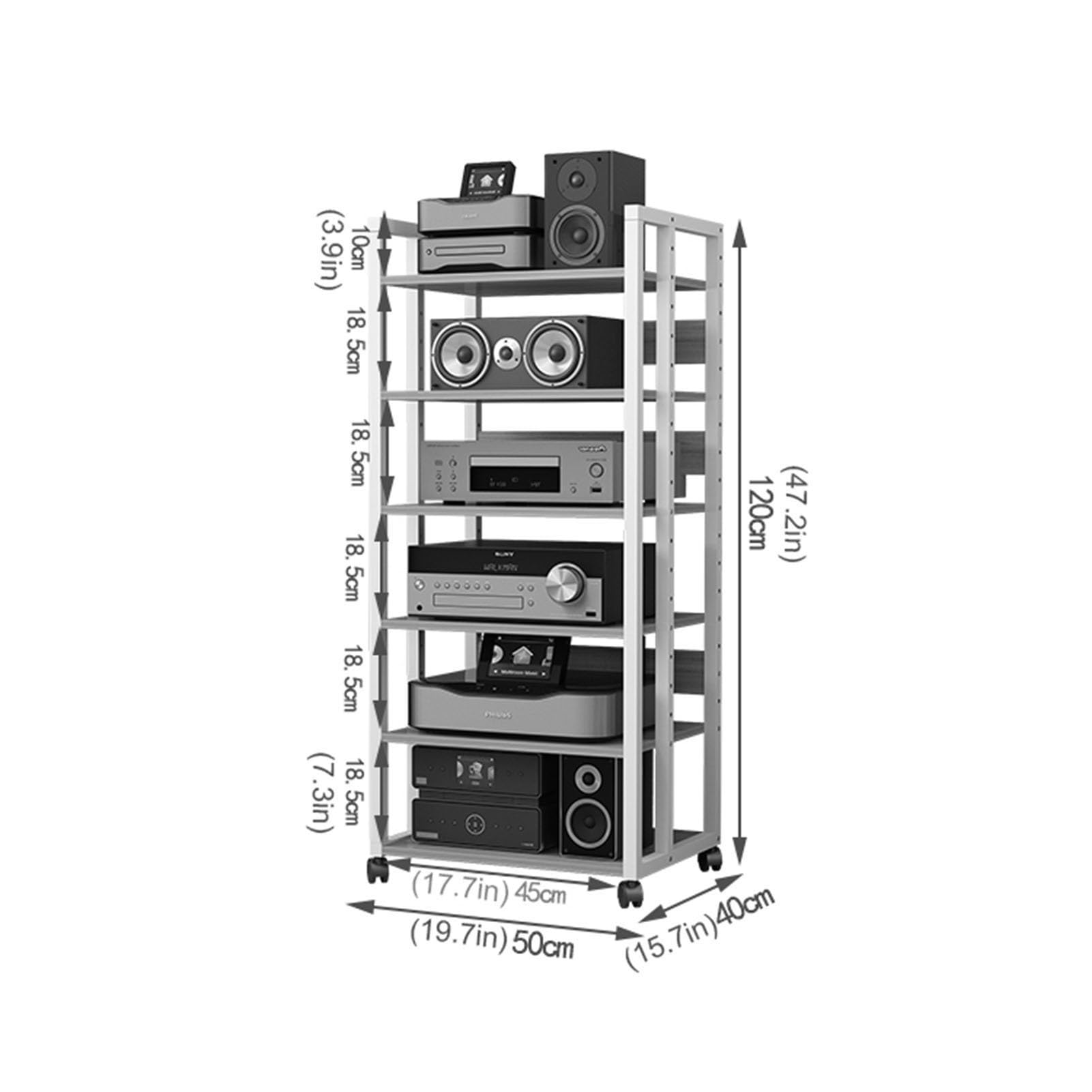 AV-Ständer mit 6 Ebenen, Holzregalen und Stahlrahmen, modernes Medien-Regal für Zuhause/Büro/Theater, Rage Cabinet für CD/DVD-Player und Unterhaltungssysteme