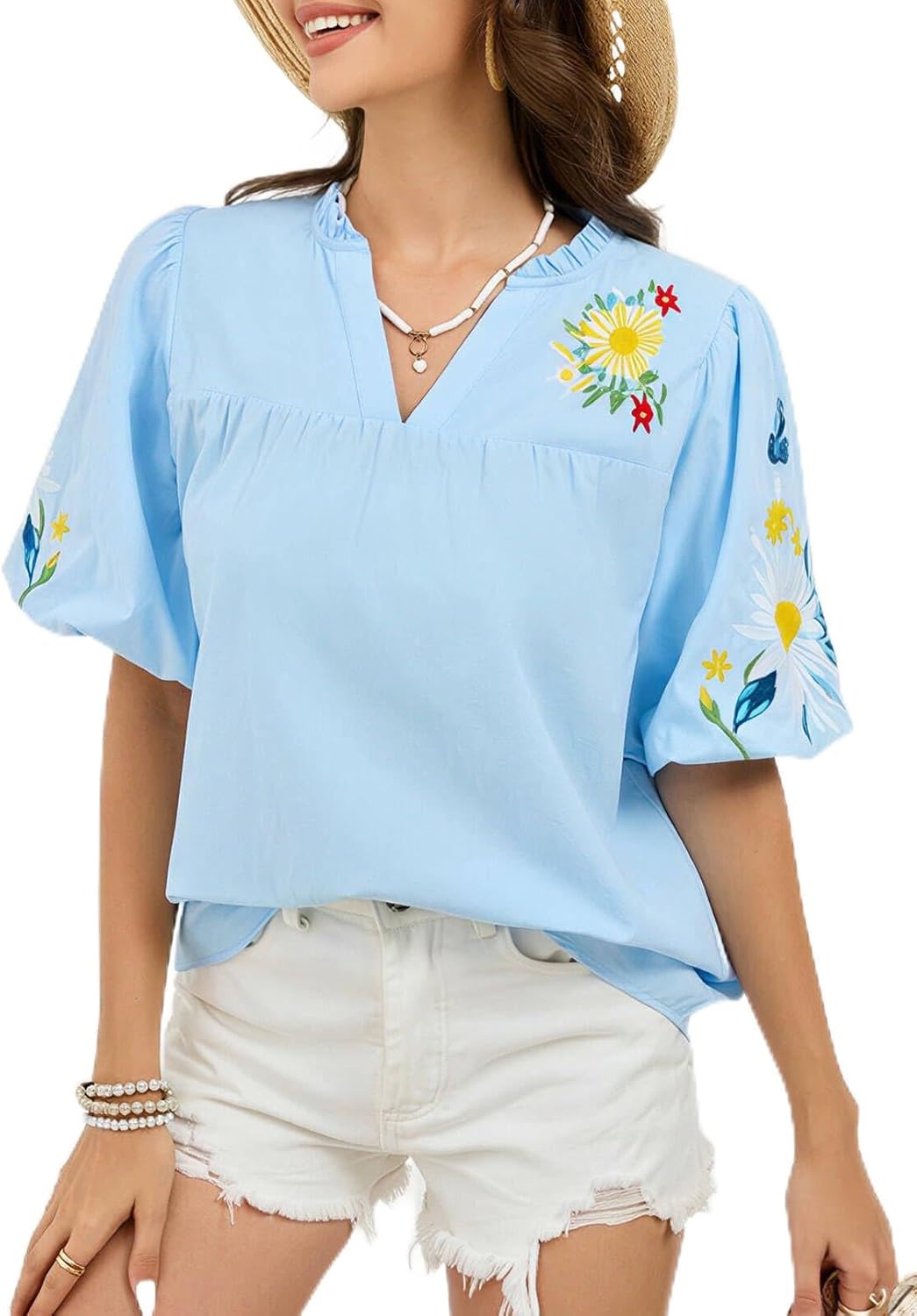 Women's Boho Floral Embroidered Blouse Casual V-Neck Puff Short Sleeve Loose Tunic Top for Summer Shirt Trendy 2026