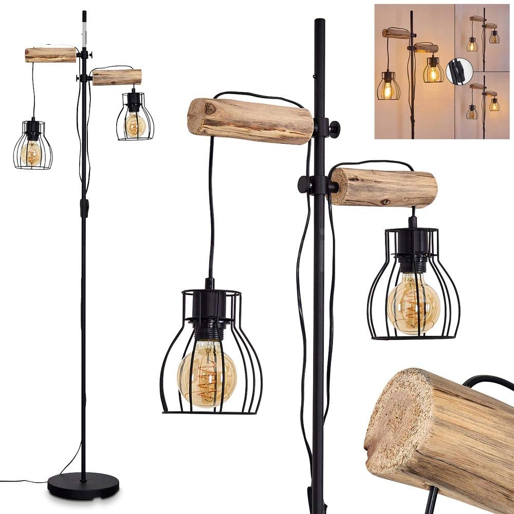 hofstein Lámpara de pie Gondo vintage de metal/madera en negro/negro, 2 luces, 2 x casquillo E27, lámpara de pie en diseño retro/vintage en óptica de celosía con interruptor on/off, sin bombilla(s)