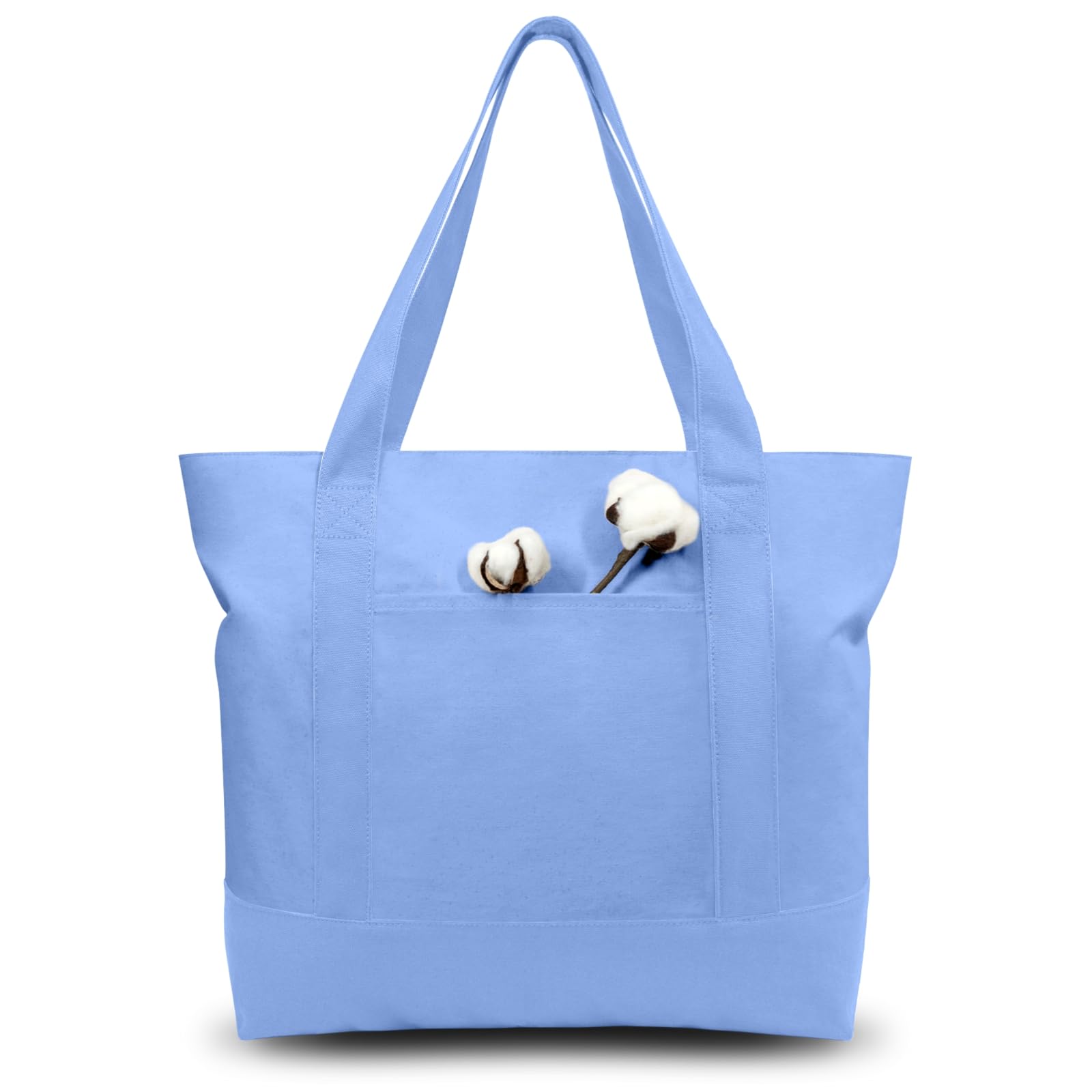 TOPDesign 3-Pack Canvas Tote Bags with an External Pocket, Reusable Grocery Shopping Bags, Top Zipper Closure, Daily Essentials (Light Blue) Light Blue 3