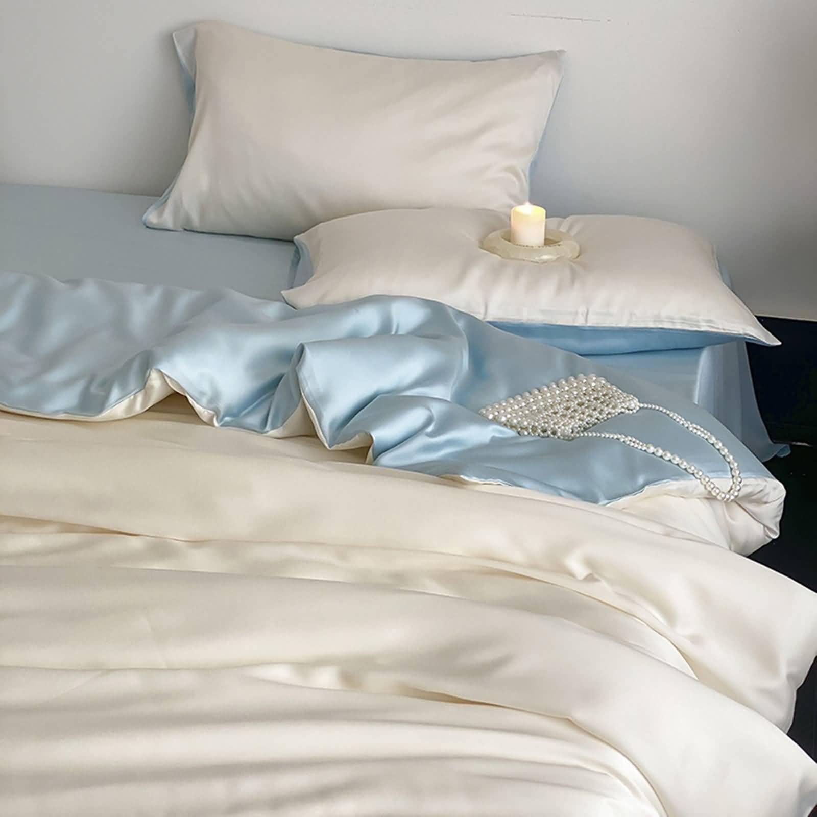 Housse de Couette 160x220 Polyester Couleur Unie Crème Bleu avec Drap de Lit et Taie d'Oreiller