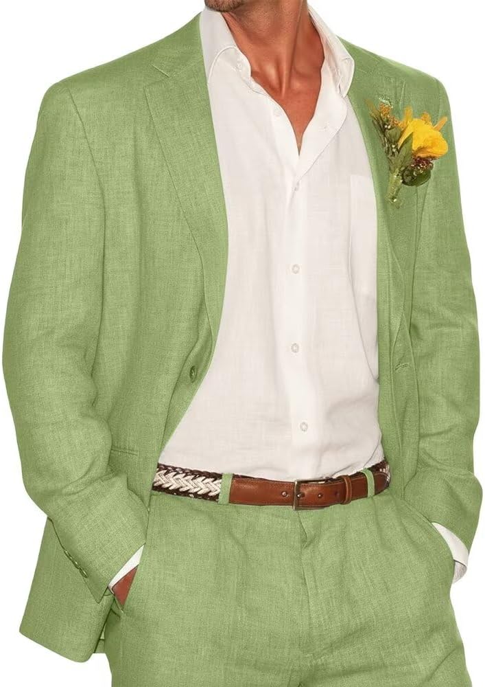 Bofan 2 Piece Linen Suits for Men Slim Fit Casual Beach Wedding Summer Grooms Groomsmen Linen Blazer Pants Suit