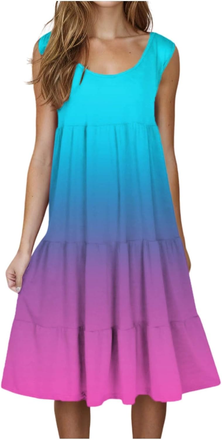 Women Summer Dresses Gradient Sleeveless Midi Dress Tiered Boho Sundress | Flowy Casual Tank Dress Summer Vacation Cute Outfits Lightweight Beach Cloth for Travel Weekend Out Going