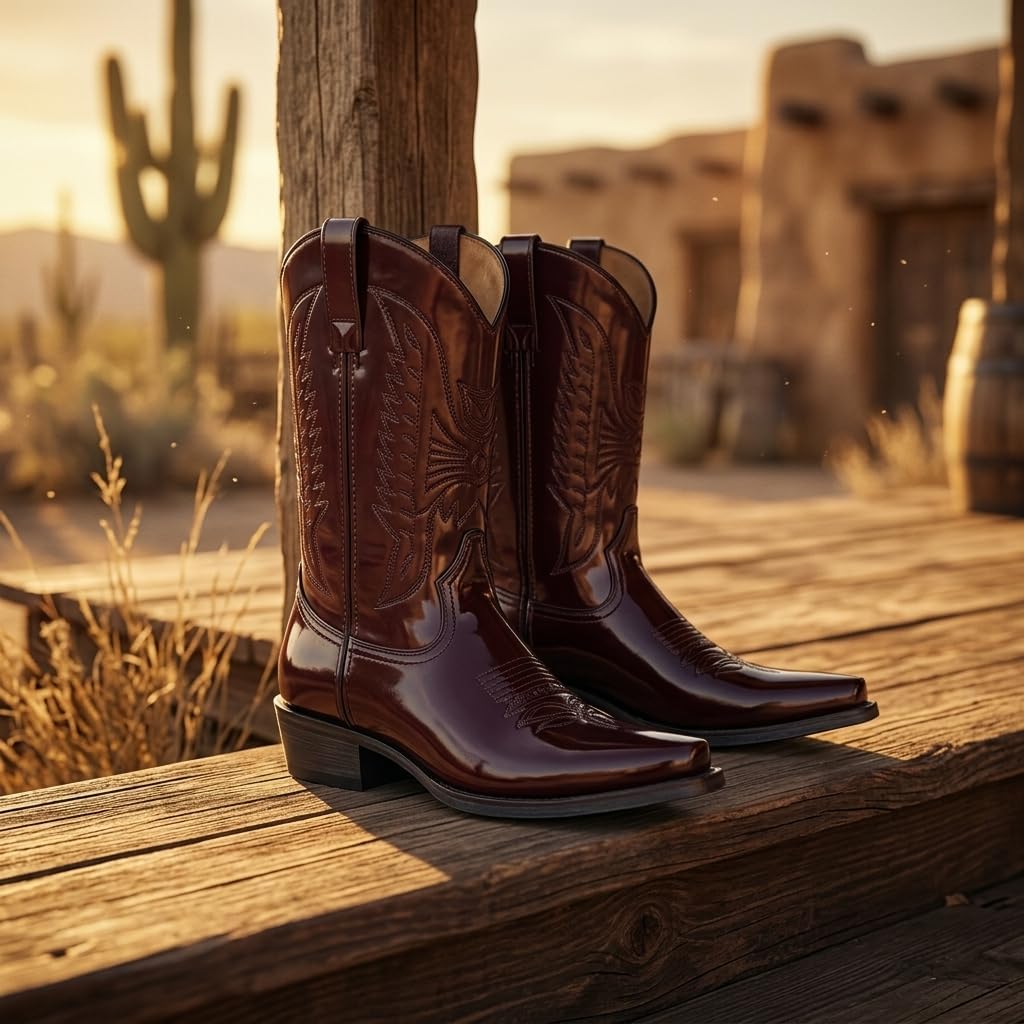Men's Patent Leather Western Cowboy Boots - Snip Toe Mid-Calf Embroidered Riding Boots, Classic Retro Dress Boots for Rodeo & Casual Wear