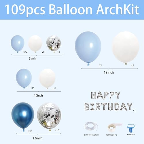 Miniatura 3 de Kit de arco de guirnalda de globos azules, globos de látex de confeti azul metálico blanco y plateado para cumpleaños, baby shower, boda