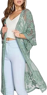 Women Flowy Lace Kimono Cardigan Crochet Summer Open Front Bathing Suit Long Beach Cover Up Green