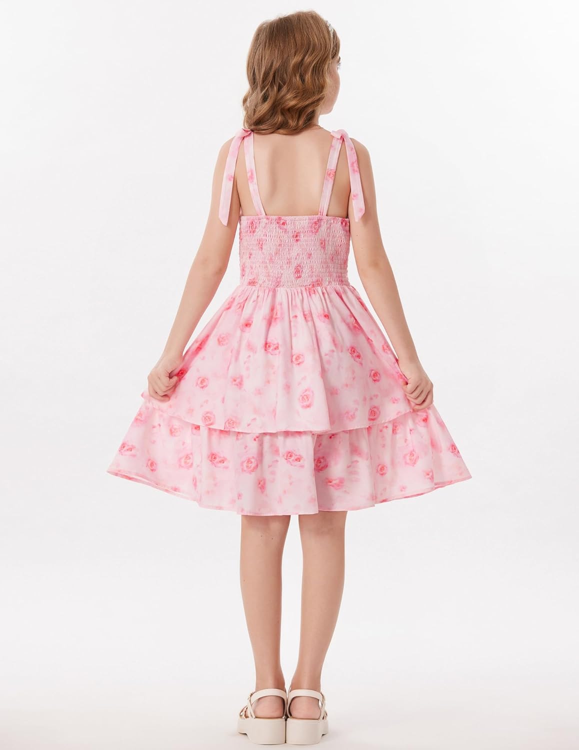 GRACE KARIN Girls Floral Smocked Dress Summer Layered Tie Shoulder Bowknot Flowy Dresses for 7-14 Years - Image 5