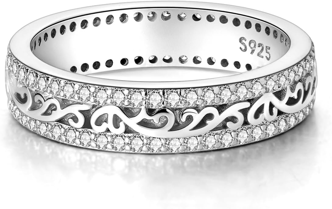Hapour 925 Sterling Silver Ring for Women, Celtic Knot Filigree Vintage Ring with CZ Stones Simple Statement Eternity Rings Everyday Unique Wedding Band Size 6-9