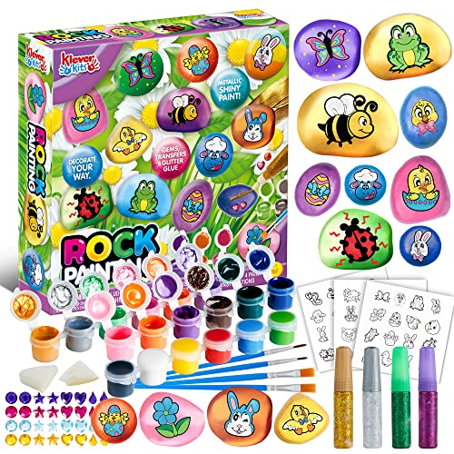 JOYIN 12 Rock Painting Kit, Arts and Crafts for Kids Ages 6-12, DIY Art Supplies, Decorate Your Own Painting Craft, Family Outdoor Indoor Activity, Toddler Birthday Gifts, Kids Easter Gifts