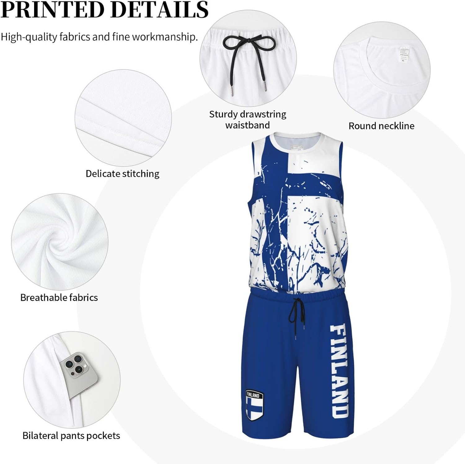 Finland Flag Grain Basketball Jersey Uniform Suit for Men Adults Training Athletic Set