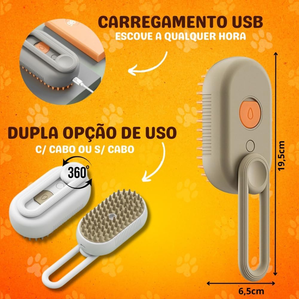 Escova Pet 3 em 1 Elétrica Recarregável com Vapor para Remoção de Pelos de Gatos e Cães PREMIUM