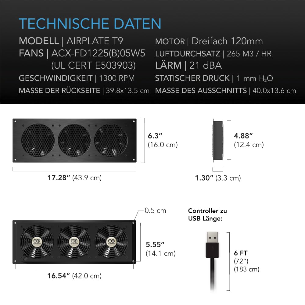 AC Infinity Airplate S9, leises Lüfter-System mit Geschwindigkeitsregelung, für Heimkino, Serverschrank