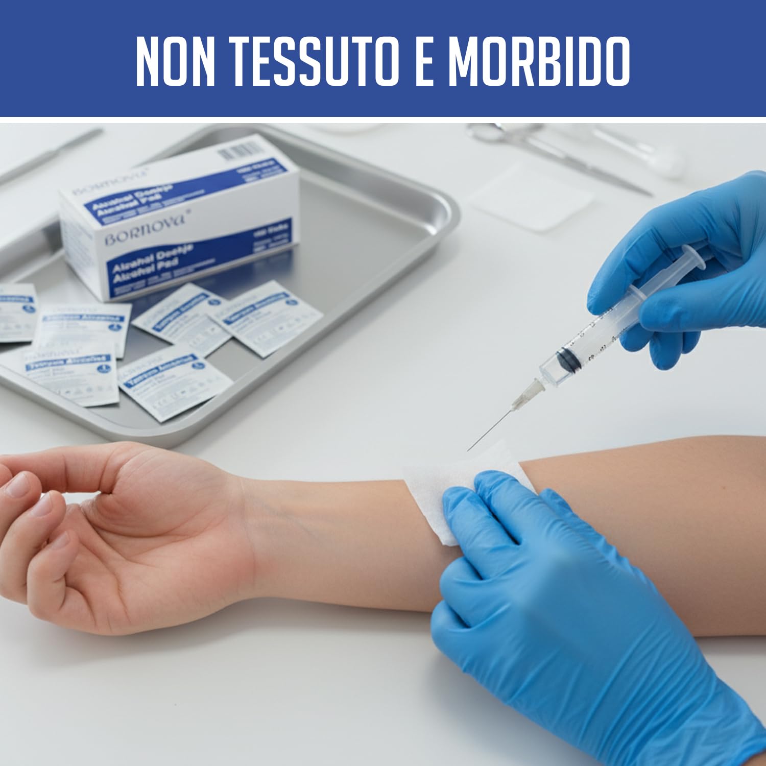 100 PZ – Tamponi impregnati alc.70 – Salvietta 3x6 cm per pulizia della pelle e degli oggetti – Monouso – BORNOVA