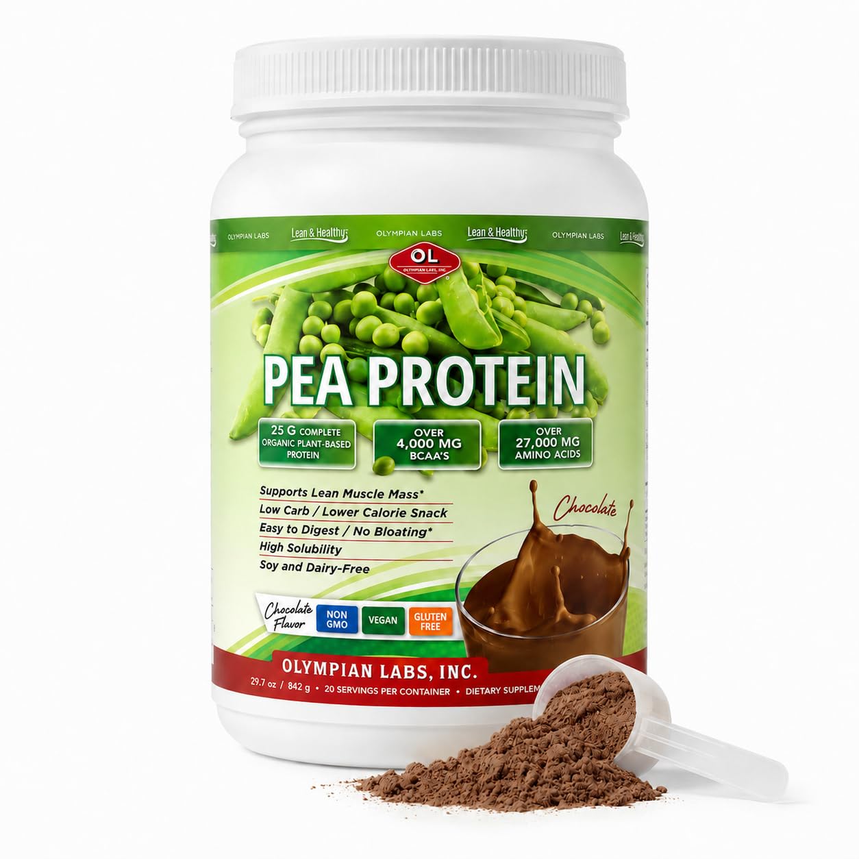 Olympian Labs Plant Based Pea Protein Powder, Chocolate - 25g of Protein, Vegan, Low Net Carbs, Gluten Free, Lactose Free, No Sugar Added, Soy Free, Non-GMO, 2 Pound Pea Protein