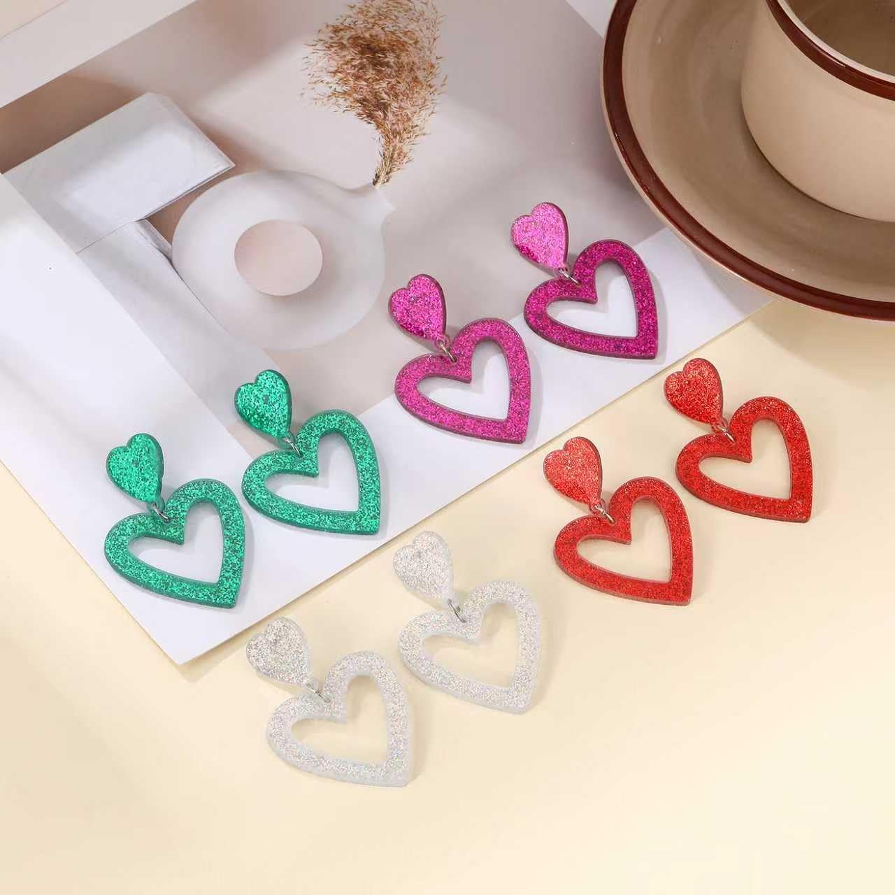 Glitter Acrylic Double Heart Dangle Earrings for Women with Multiple Color Options Statement Heart Earrings Valentine’s Day Birthday Gift - Image 4