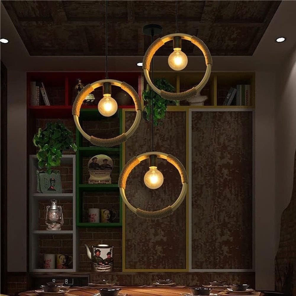 Modern Boho Adjustable Pendant Light, E27 Industrial Style Creativity Hanging Lamp, Wooden Ring Wood Hemp Rope Decor Lighting Fixtures, for Kitchen Island Dining Room Bar