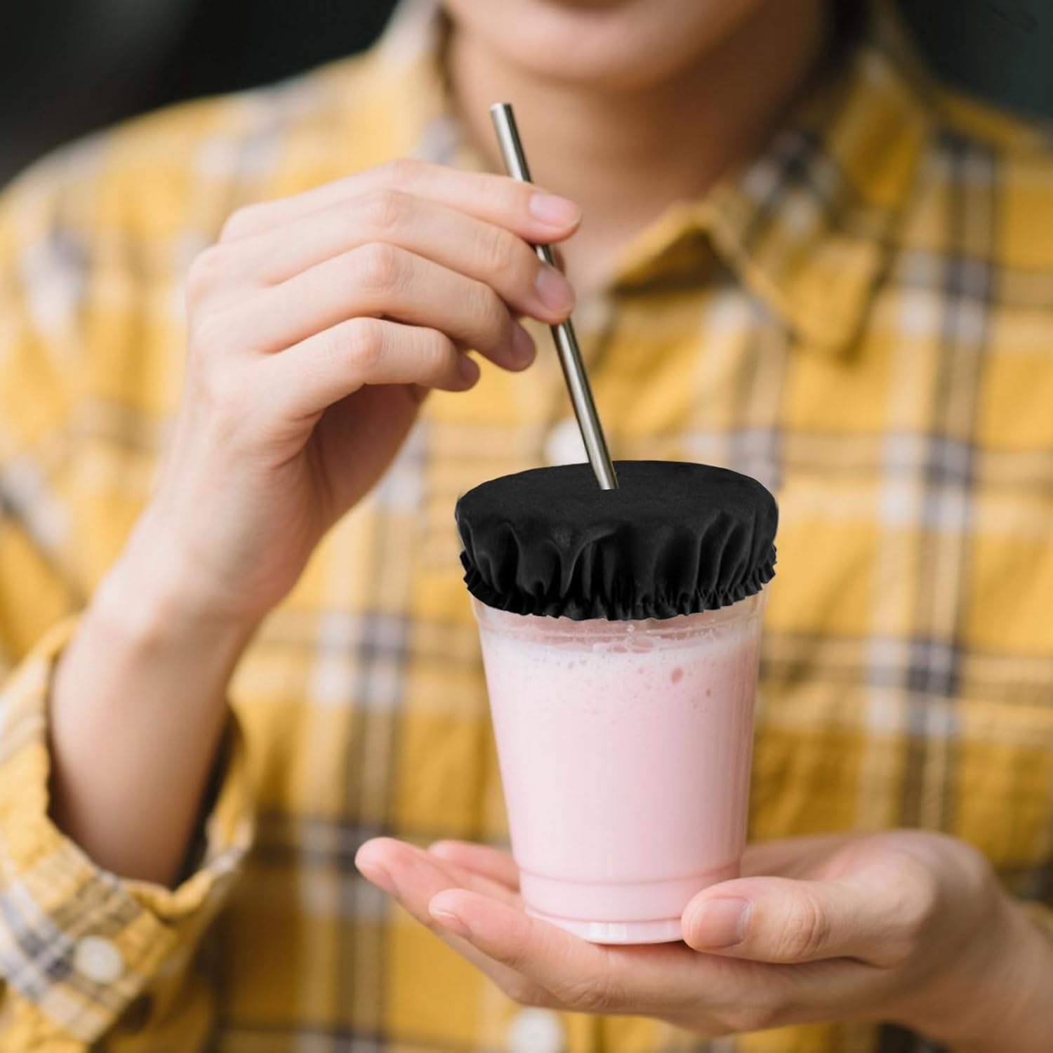 100pcs Drink Covers Anti Spike, Washable Polyester Drink Spiking Prevention Scrunchie with Straw Hole Black Bottle Cap Protector Accessories Fits Most Cups for Women Girls