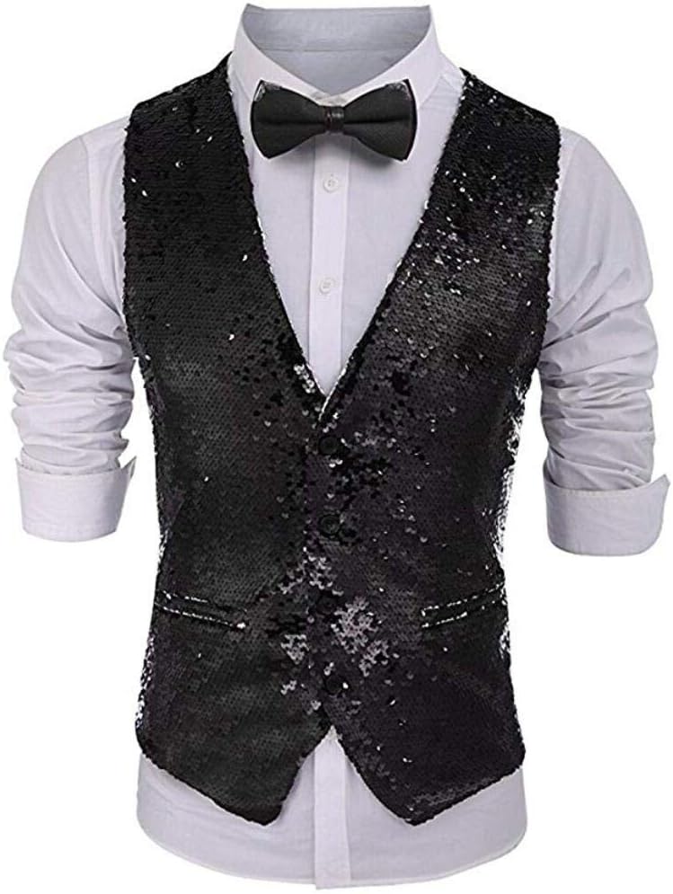 Men's Sequins Buttons Down Waistcoat V-Neck Wedding Party Vest Casual Vest