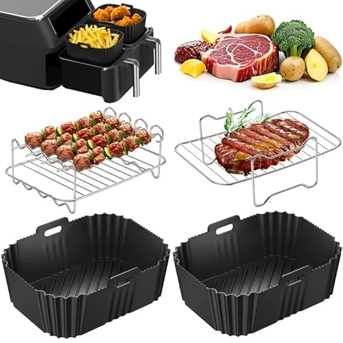 PETHREE Ninja Heißluftfritteuse Zubehör 4 Stück, Airfryer Zubehör für Ninja Foodi Dual Zone AF400EU AF300EU 7,6l–9,5l, Grillrost #304 Edelstahl, Silikonform HeißLuftfritteuse BPA-frei