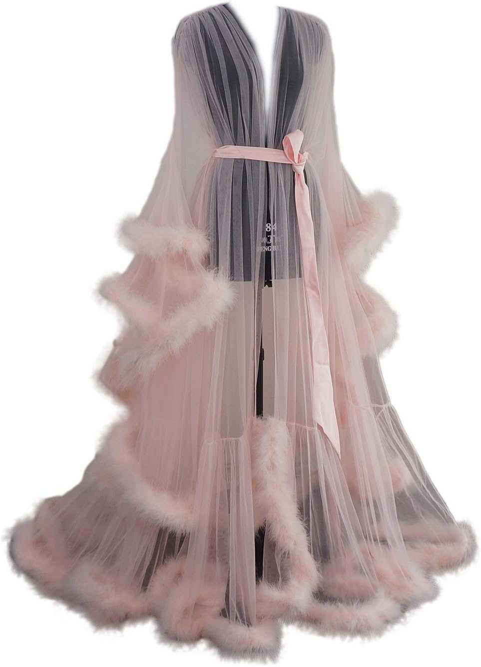 Old Hollywood Feather Robe Sexy Boudoir Robe Feather Bridal Robe Tulle Illusion Long Wedding Scarf New Custom Made (Blush Pink, S)