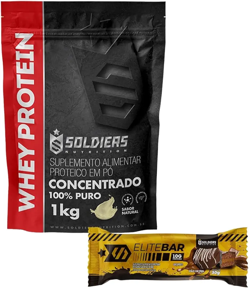 Kit: Whey Protein 1Kg Natural + Barrinha Elitebar Pão de Mel 30g Soldiers Nutrition