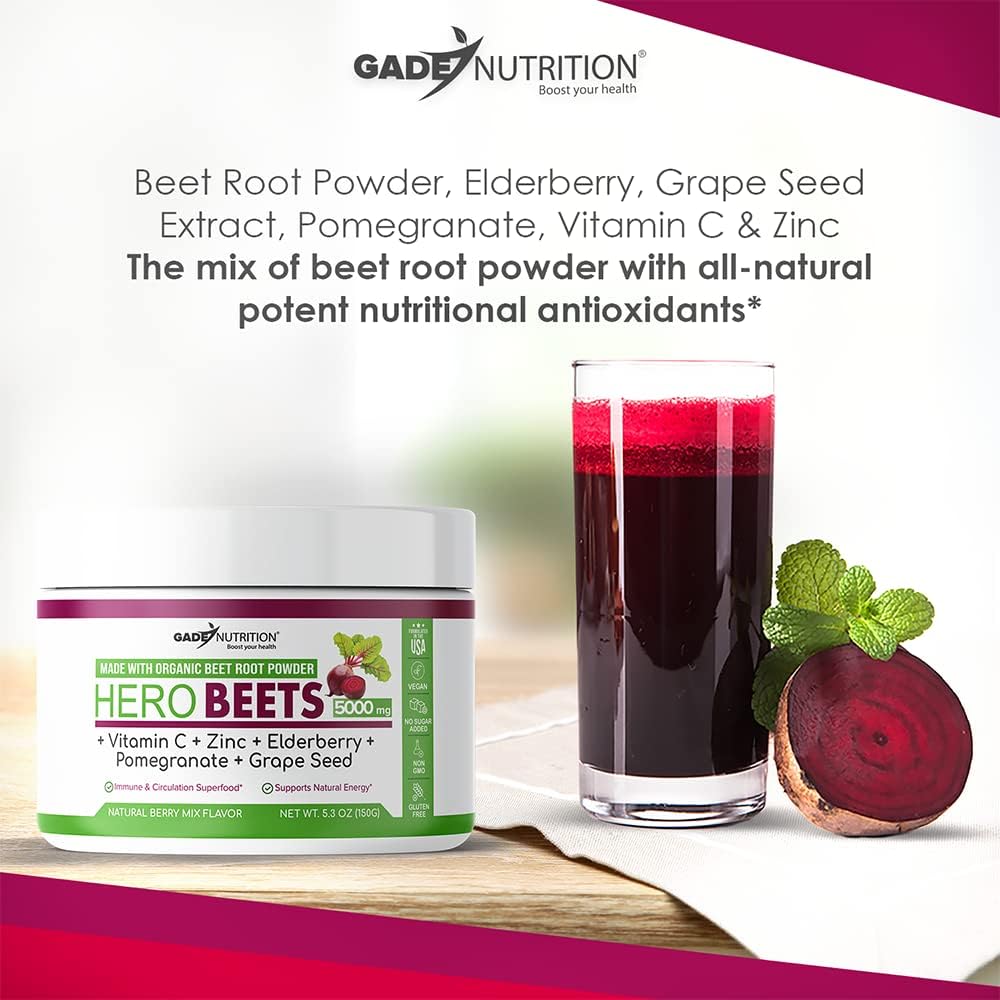 Organic Beet Root Powder - Nitric Oxide Boost for Blood Pressure, Circulation & Heart Health Support - Non-GMO Superfood Supplement - with Elderberry, Pomegranate - Natural Berry Flavor, 30 Servings