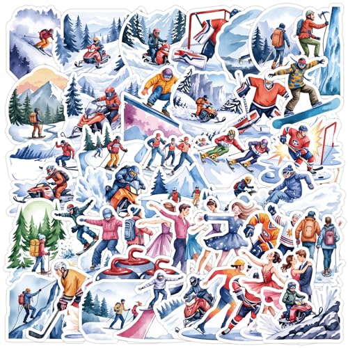 Glow way flims Winter Sports Stickers - 50 Pcs Waterproof Vinyl Decals, Multi-Color Ski & Snowboard Theme, 1.58-3.15 Inch for Water Bottle, Laptop, Helmet, Suitcase, Skateboard